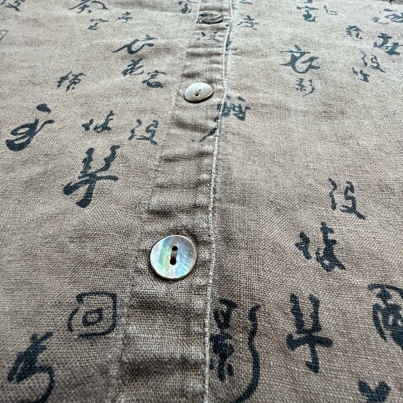 Linen Japanese Kanji Allover Print Boxy Luxury Streetwear Long Sleeve Shirt - Picture 7 of 11